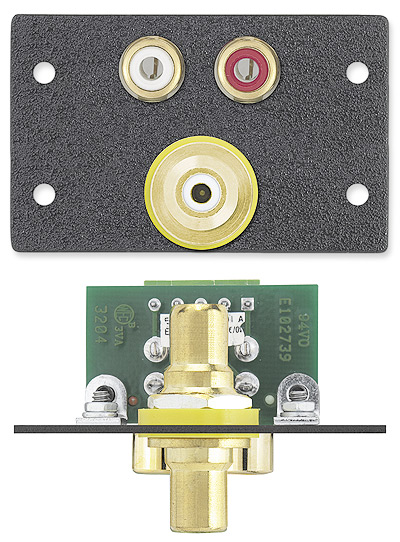 Two RCA Female to Captive Screw - Audio, Red / White; One RCA Female to Female Barrel - Video, Yellow - Black