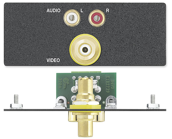 Two RCA Female to Captive Screw Terminal - Audio, Red/White; One RCA Female to Female Barrel - Video, Yellow - Black with Silkscreen