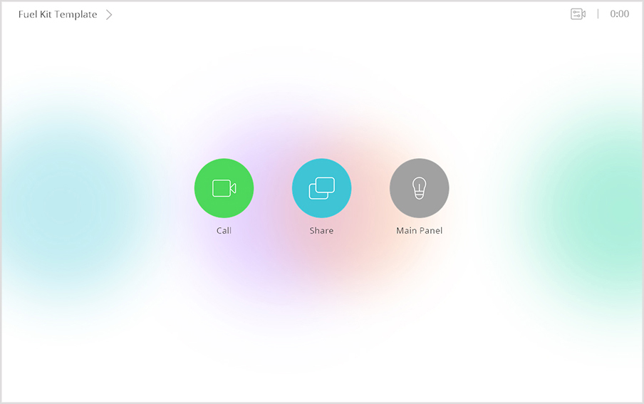 Uno schermo dai colori chiari con pulsanti di chiamata, condivisione e pannello principale.