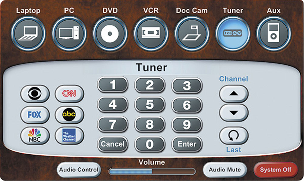 Flash GUI template tuner screen with keypads, channel, and audio control buttons.