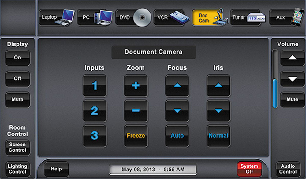 Uno schermo grigio della document camera delle risorse per l'interfaccia grafica Jet con pulsanti input, ingrandimento e messa a fuoco.