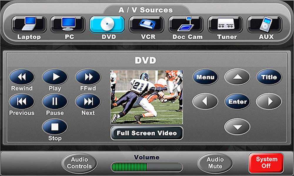 Schermo DVD del template Power con pulsanti di riproduzione, menu, invio e titolo.