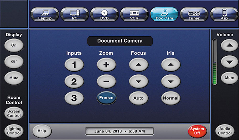 Uno schermo blu con vari pulsanti, ad esempio input, ingrandimento, messa a fuoco e volume.