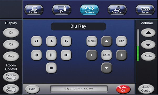 Una pantalla azul oscuro con varios botones, como encendido / apagado de pantalla, menú y control de audio.