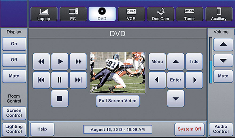 Una pantalla de DVD de recursos universitarios azul y gris con varios botones como menú, entrada y título.