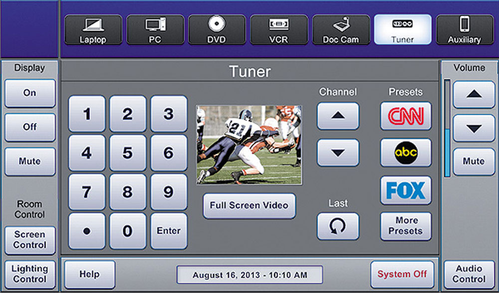 Tuner-Bildschirm für Universitätsvorlagen mit Tastaturen, Chennel und Voreinstellungsschaltflächen.