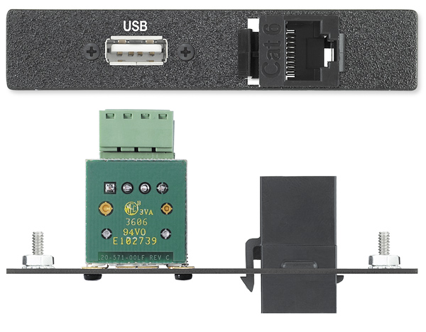 One USB A to 4-pin Captive Screw Terminal Connector, One RJ-45 Female to Female Barrel - Data