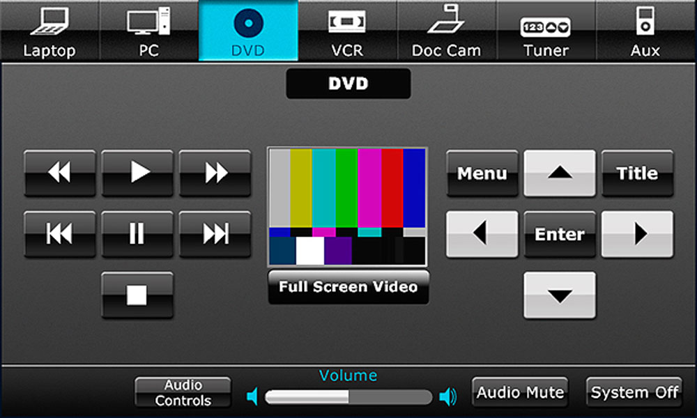 Pantalla de DVD de plantilla negra de recursos Vortex con botones de menú, entrada y título.