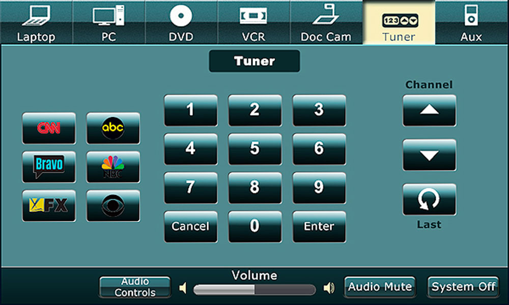 A green tuner screen with various buttons such as with keypads, channel, and volume.