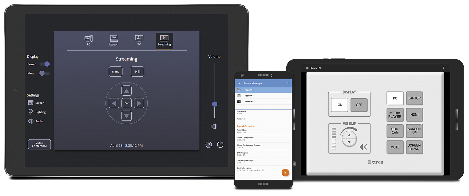 Extron Control app shown on mobile phone and tablet