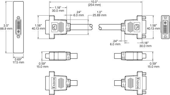 One DVI-I Female to One DVI-I Female on 10" Pigtail Panel Drawing