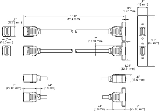 Two USB A Female to Female on 10" Pigtails Panel Drawing