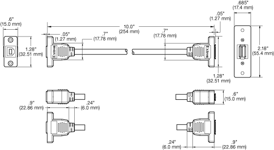 One USB A Female to One USB B Female on Pigtail Panel Drawing