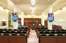 The jury trial and appellate courtroom features plasma displays that remedy sight line problems.