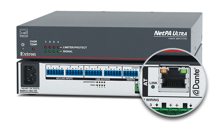 Rear panel of NetPA Ultra showing the Dante network port.
